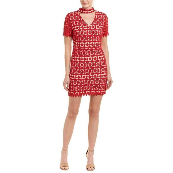 J.O.A Guipure Lace Choker Neck Short Sleeve Dress Size M Medium Red - Picture 1 of 9